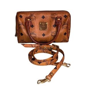 MCM Mini Boston Bag Cognac Visetos Monogram Crossbody – Authentic Vintage